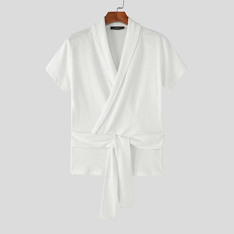 INCERUN Men V Neck Front Cross Lace-up Semi-Sheer Casual Texture Tops