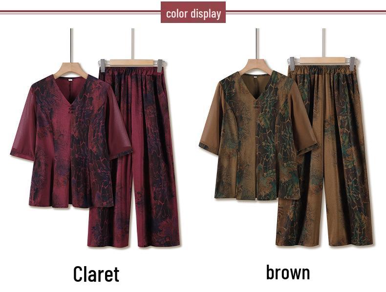 Plus Size Summer Slimming Two-Piece Set for Middle-Aged and Elderly Women