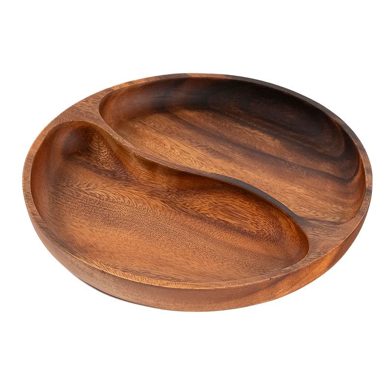 Japanese Style Solid Wood Round Fruit Plate with Five Compartments - Ideal for Snacks and Dried Fruit