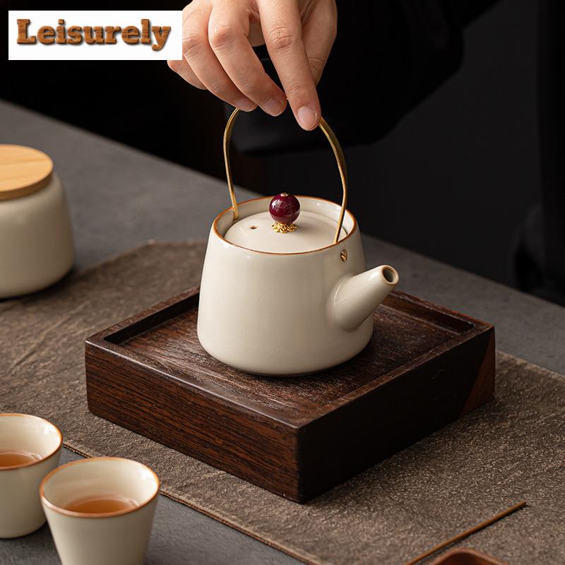 210ML Cream Ru Kiln Lifting Handle Teapot Aesthetic Tea Infuser Pot Tea Making Kettle With Filter Chinese Tea Set Ornaments Gift