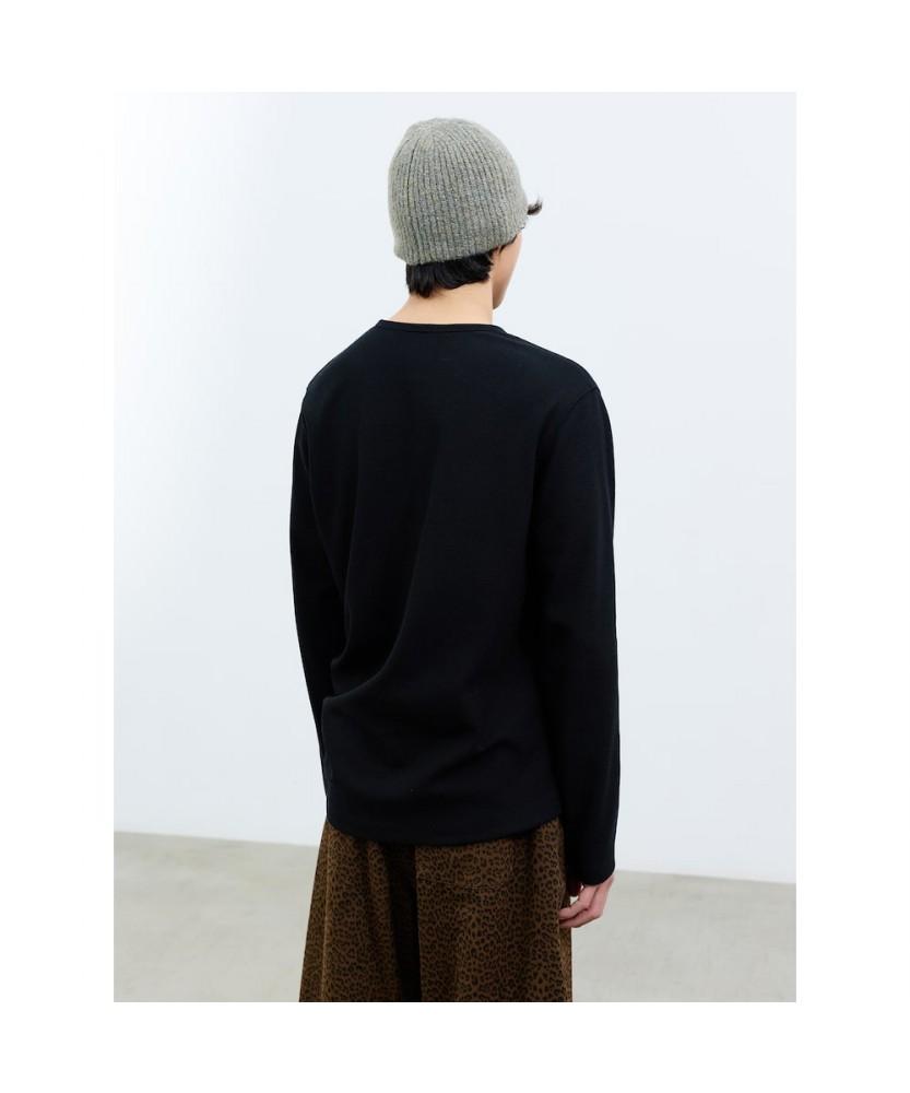 Saendeusaundeu (Unisex) Twisted Waffle Henley Neck Long Sleeve T-Shirt Black