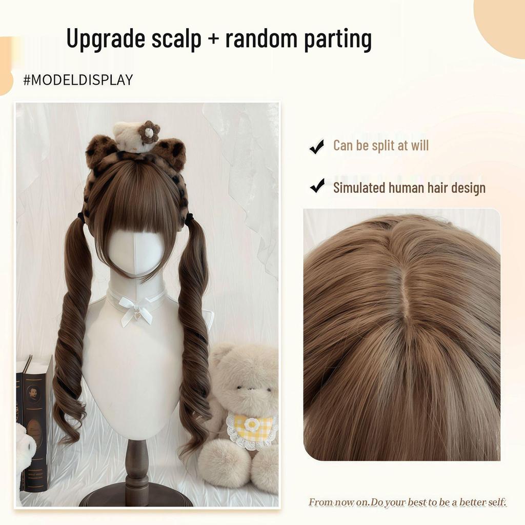 70cm Double Ponytail Lolita Wig with Sideburns - Long, Curly Daily Wig for Women