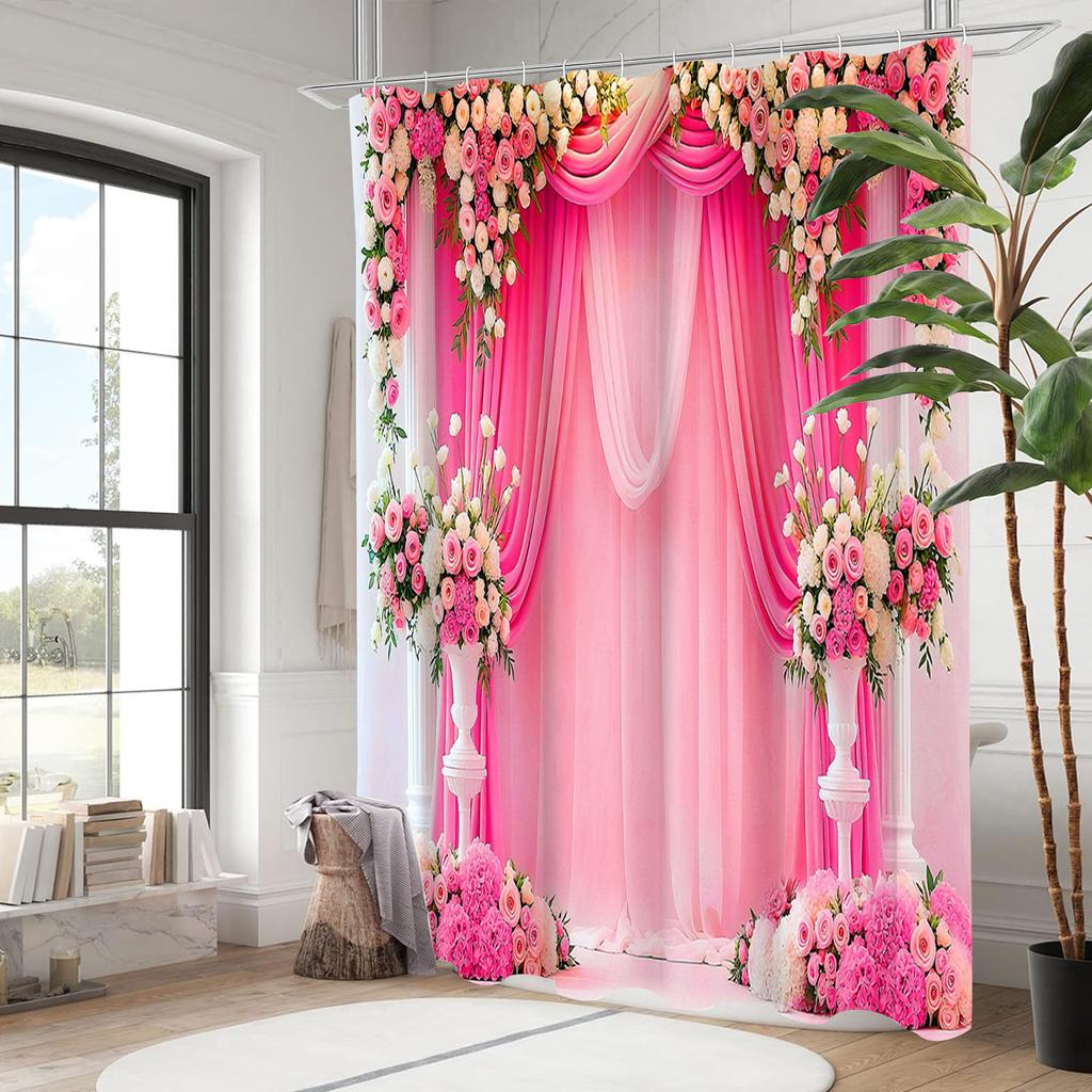 2D Gauze Curtain Printing Pink Shower Curtain, Bathroom Shower Waterproof Curtain with 12 Hooks, Home Decoration, Free Delivery