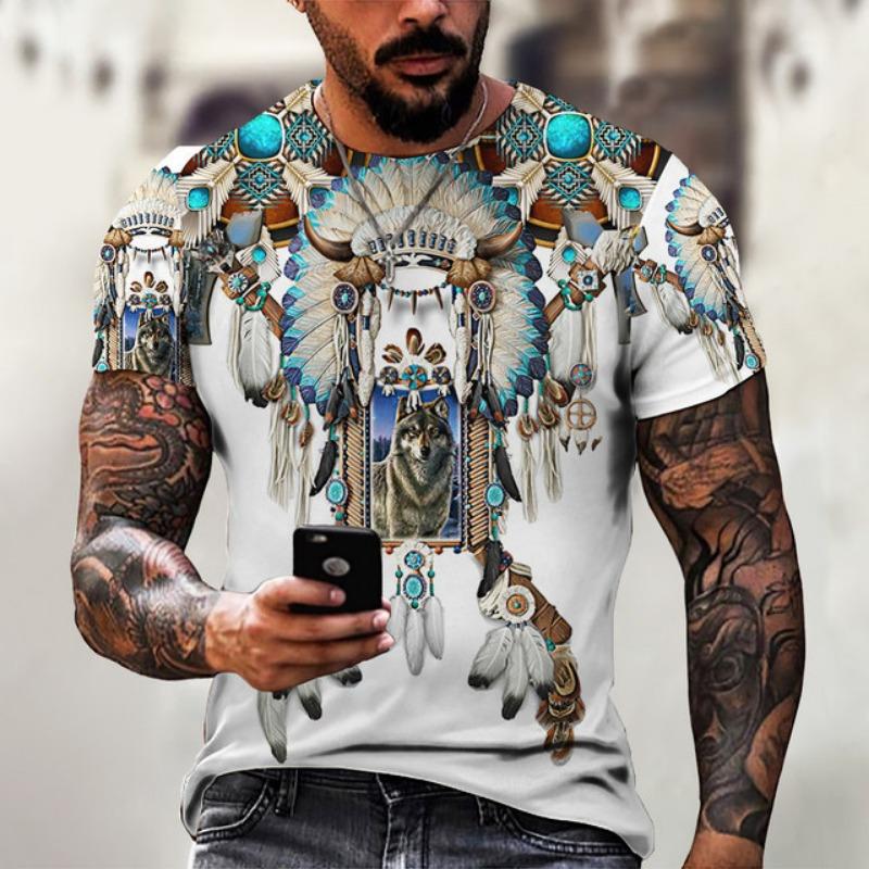 Men's Shirt Casual Harajuku T-shirt Animal Summer Retro Indian Print Men's Street Crew Neck Short Sleeve Design Large
