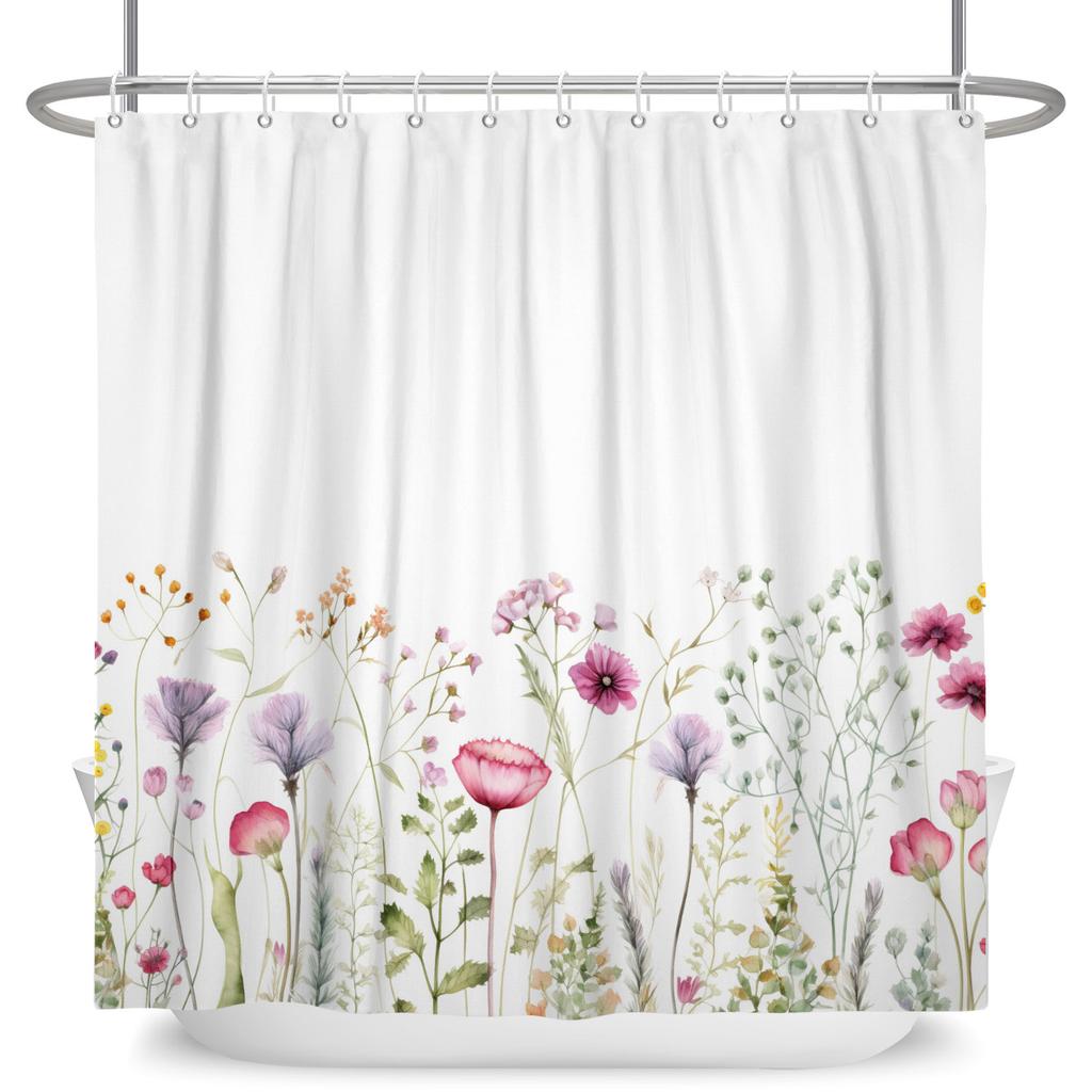 Modern Fresh Bathroom Shower Curtain Green Plants Colourful Flowers Bathroom Waterproof Curtain With Hooks Polyester Curtains