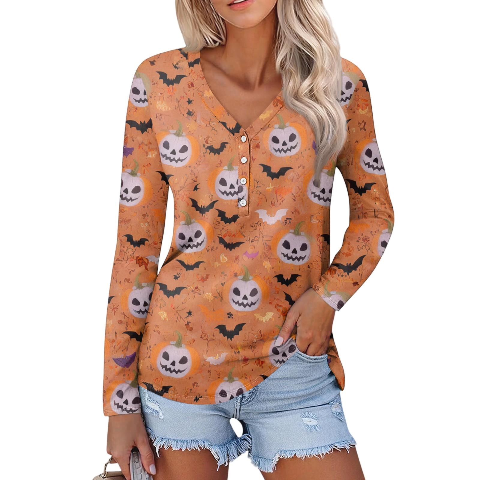 

Женская повседневная мода, сексуальный комфорт, Хэллоуин с принтом и v-образным вырезом, пуговицы, длинный рукав S киноварь