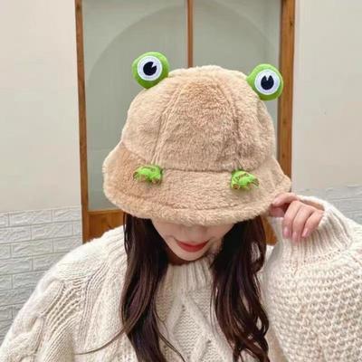 Winter Bucket Hat Cartoon 3D Frog Design Thickened Windproof Warm Plush Fisherman Hat Women Outdoor Activity Accessory