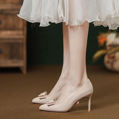 High-heeled Wedding Shoes Women's 2025 New Bridal Shoes, Small Thin-heeled Dress Shoes, French Bow Early Autumn Shoes