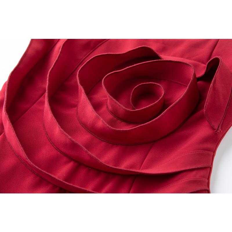 Summer Women 3D Rose Flower Sexy Strapless Open Back Slim Bodycon Split Evening Party Pencil Dresses