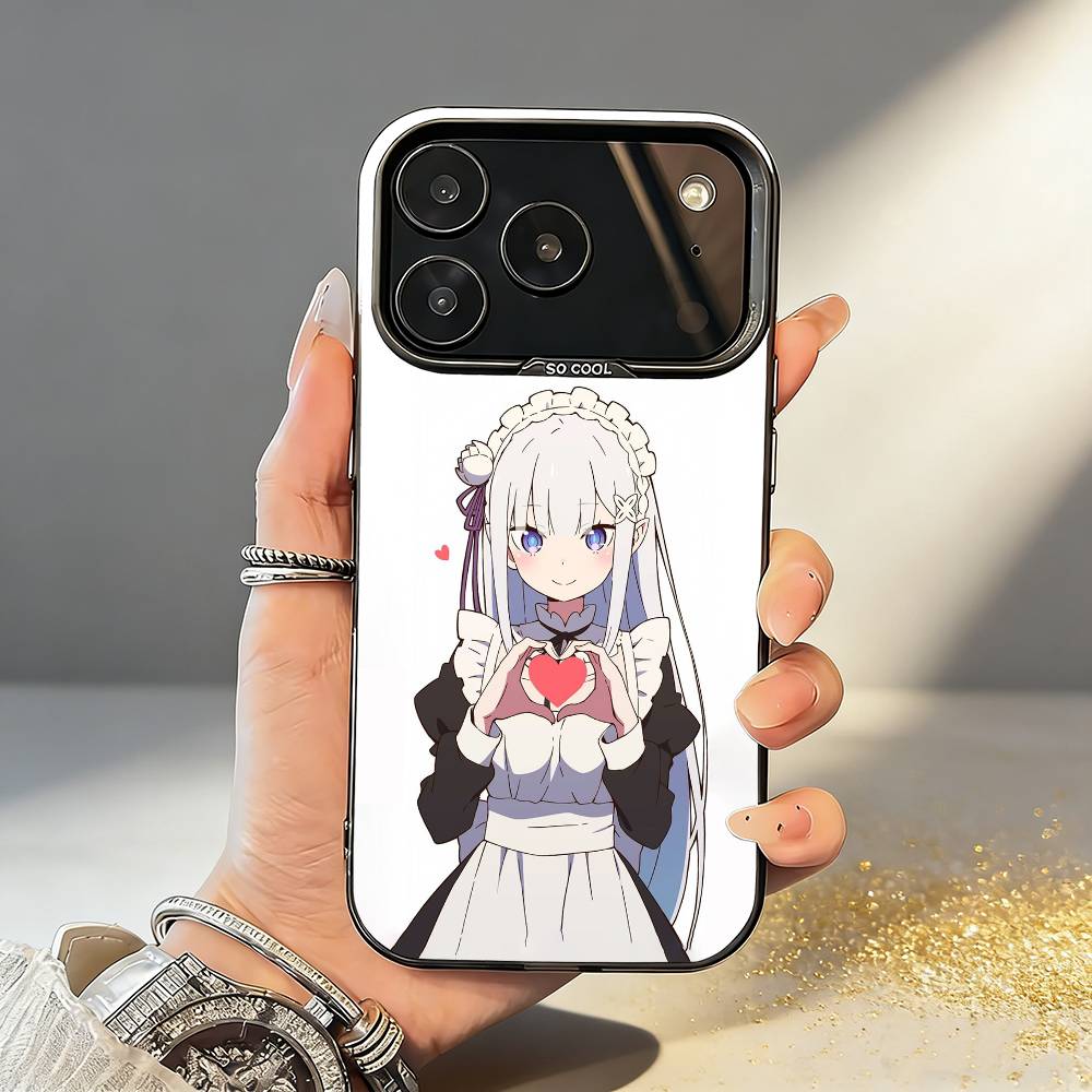 Re Zero Rem Emilia Phone Case For iPhone17 16 15 14 13 12 Pro Max Grey Black Matte Laser Metallic Aurora Funda