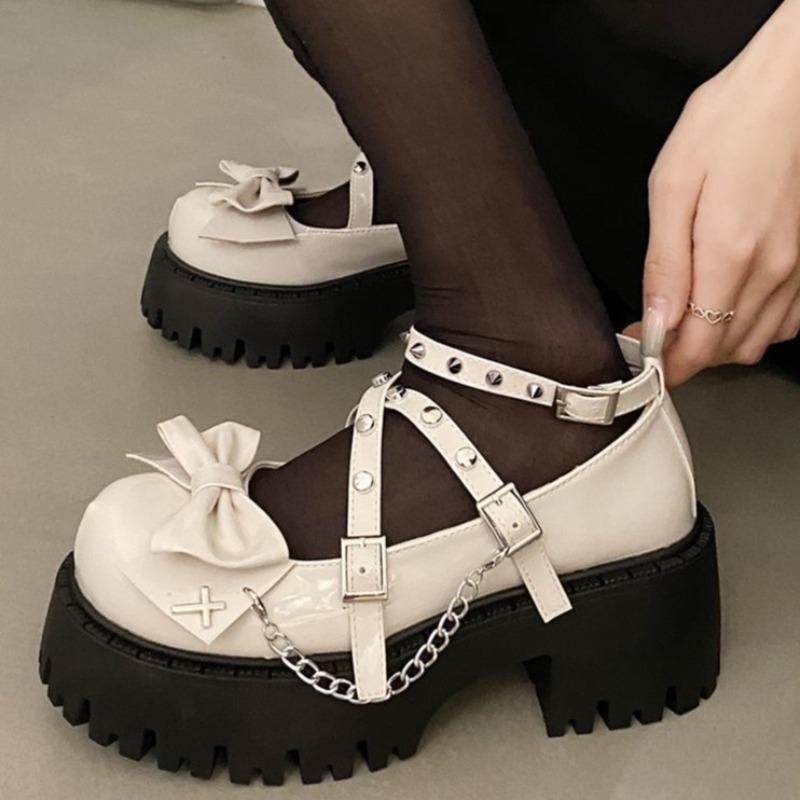 Punk Style Lolita Shoes Fashionable Rivet Design Shallow Mouth Leather Shoes for Women Summer Bow Thick Soled Tall Single Shoes