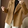 Women Double Breasted Woolen Coat Fall Winter Long Sleeve Thickened Warm Loose Lapel Solid Color Formal Business Style