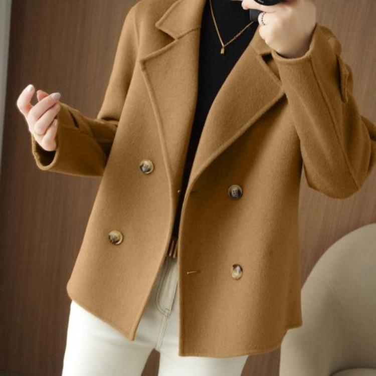 Women Double Breasted Woolen Coat Fall Winter Long Sleeve Thickened Warm Loose Lapel Solid Color Formal Business Style
