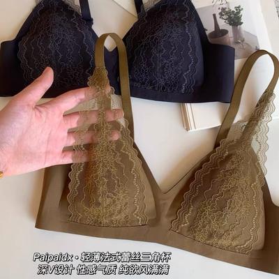 Red Thin French Triangle Cup Pure Desire Sexy Lace Without Steel Ring Small Chest Gathering Seamless Bra Cover Underwear Women