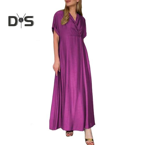 Spring Women Dress V Neck Short Sleeve Loose A-line Pure Color Ankle Length Maxi Dress Pleated Prom Party Dating Dress