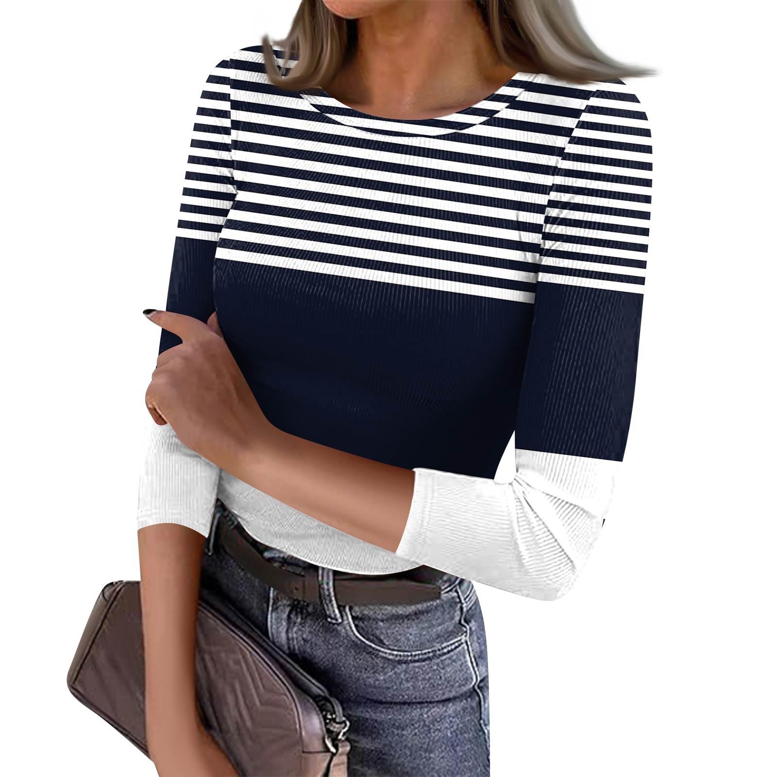 

Женская футболка с зауженным низом, модная повседневная полосатая напечатанная круглая горловина, пуловер, топ с семью рукавами M