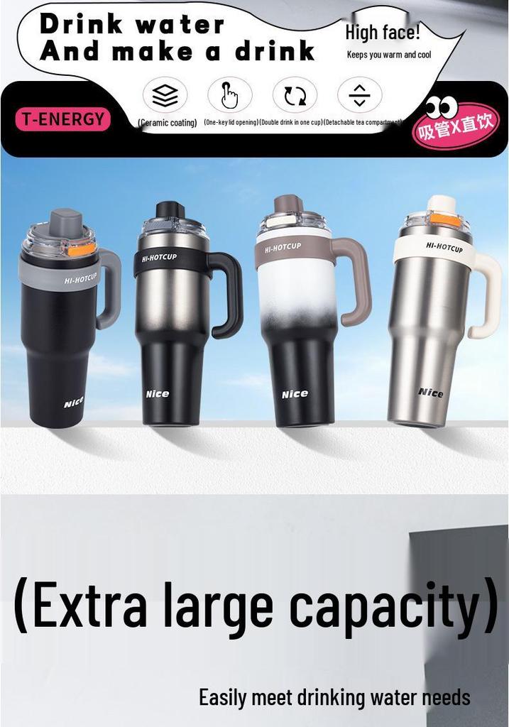316 Stainless Steel Large Capacity Thermos Cup with Ceramic Inner Liner - Insulated Straw for Outdoor Use