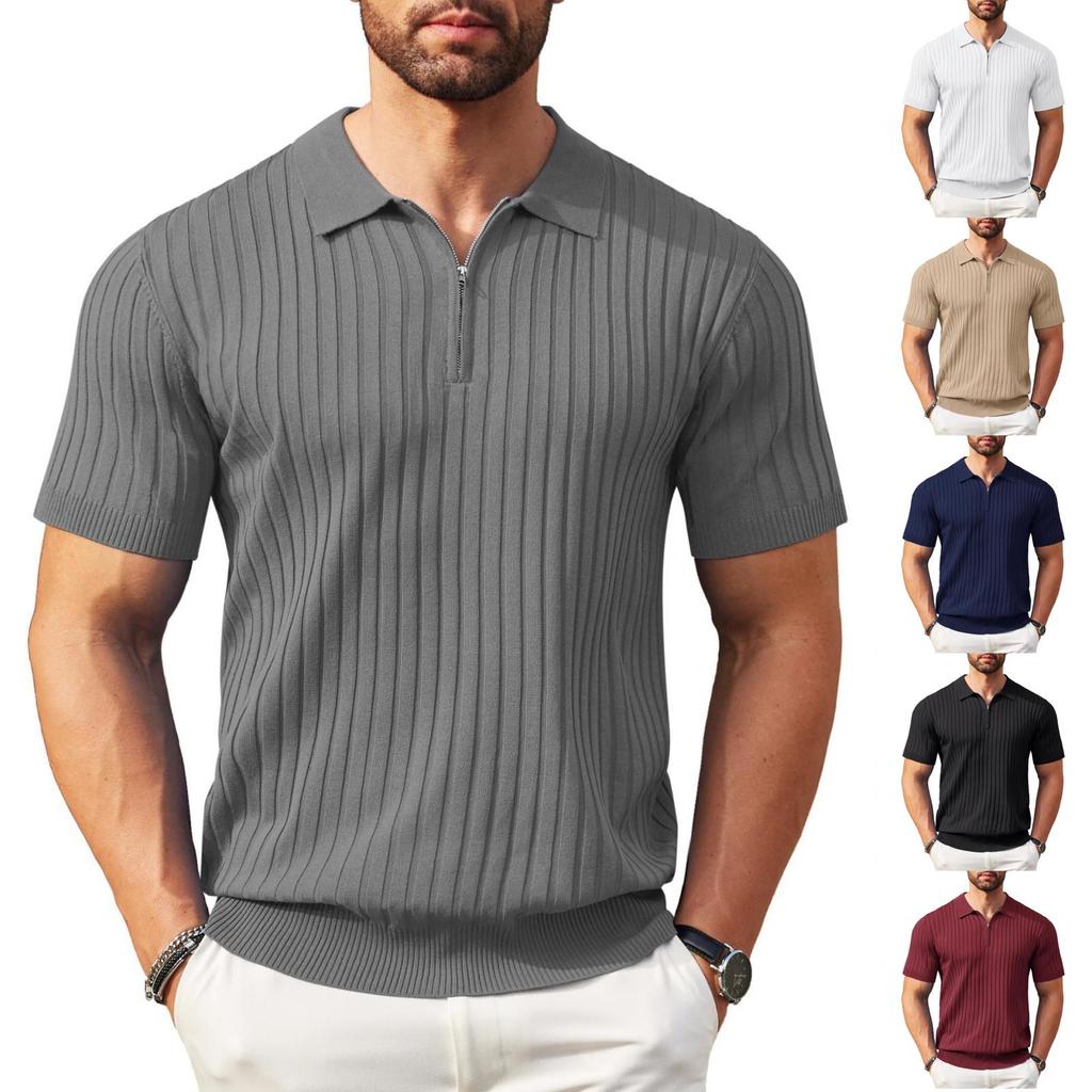 Men Short Sleeve Polo Shirt Knitted Ribbed Zip Collar Casual Modern Fit Lightweight Pullover Top for Everyday Wear