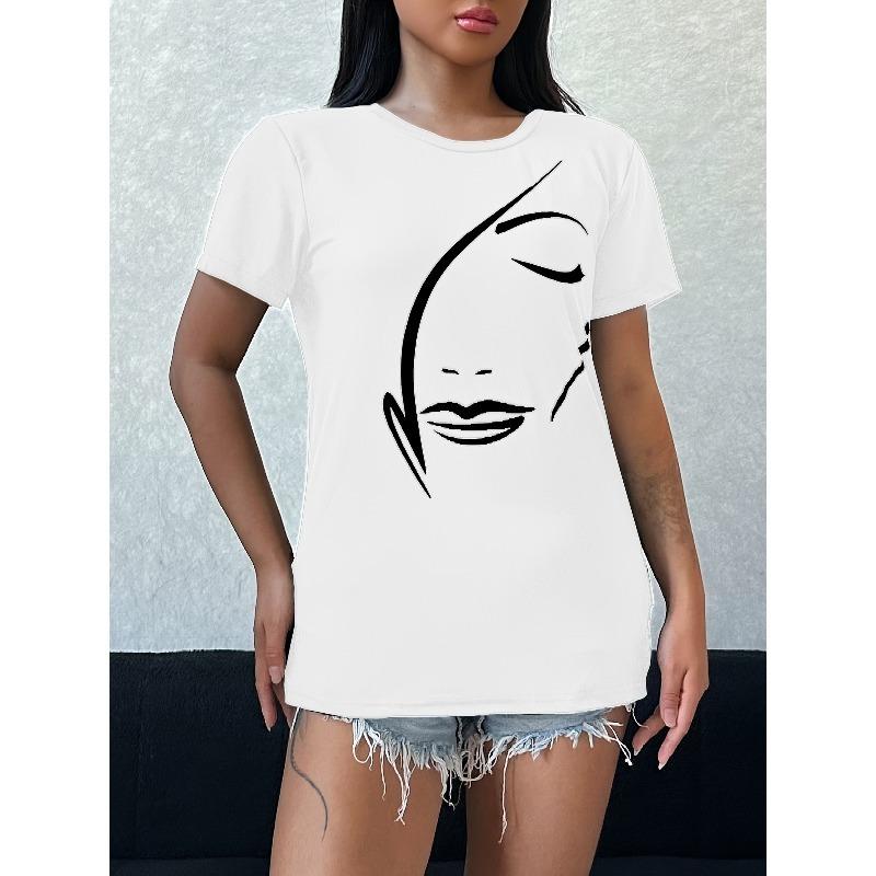 (European sizes)Figure Print Crew Neck T-shirt, Casual Short Sleeve Summer Daily Top, Women's Clothing