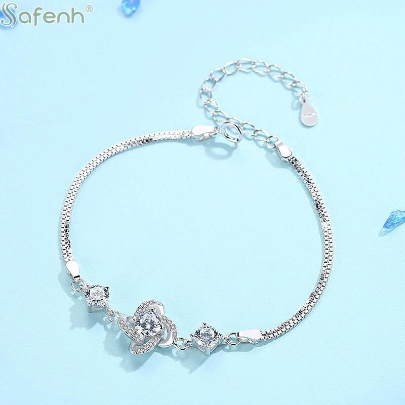 Sweet Heart Bracelet for Girls Silver Color with Sparkling Zircon Delicate Chain for Romantic Gift