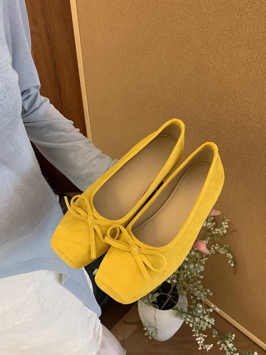 

Туфли-лодочки на плоской подошве с квадратным носком и красным бантом для женщин, новые, для юбки, балетки, для работы 35 жёлтый