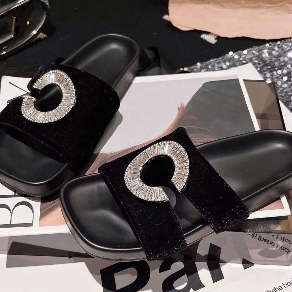 2025 new golden velvet rhinestone open-toe sandals, wear high-end hole slippers, flat-soled women's shoes tide