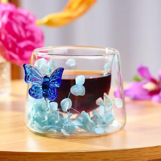 Dubbelväggiga Kaffemuggar i Glas med Torkade Blommor 150ml Värmetålig Glasmugg för Hemkontor Eftermiddagste Koppar Unika Gåvor för Kvinnor