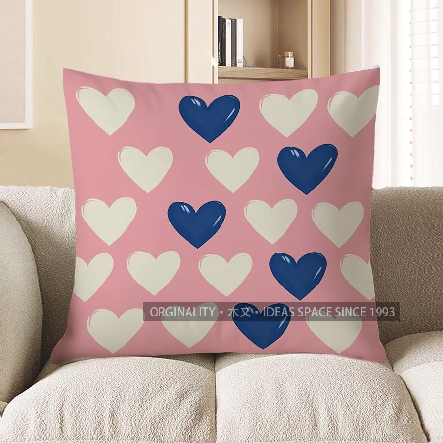 Home Decor Pink Heart On Blue Stripes Cushion Cover Pattern Cushion Cover Suitable For Sofa Bedroom Car Pillow Cover