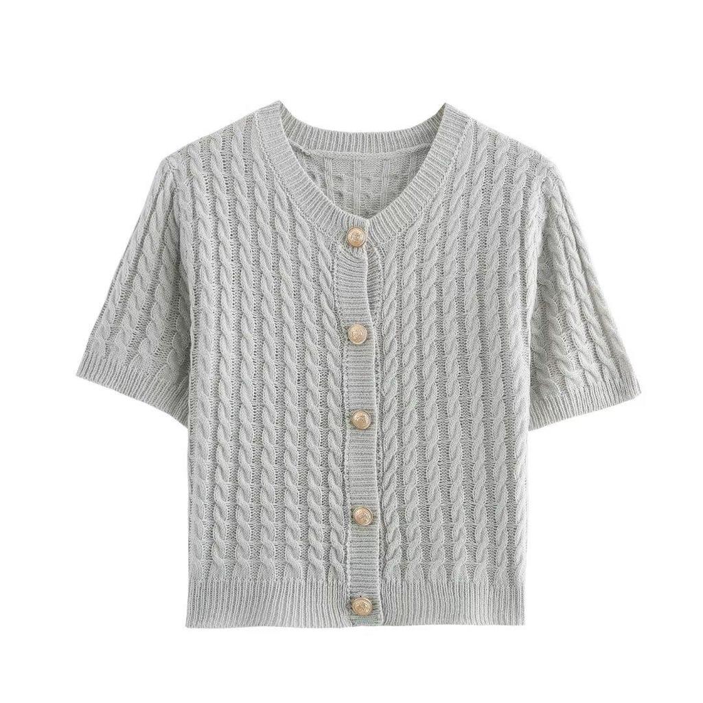 Versatile V-Neck Short-Sleeve Cable Knit Sweater for Women