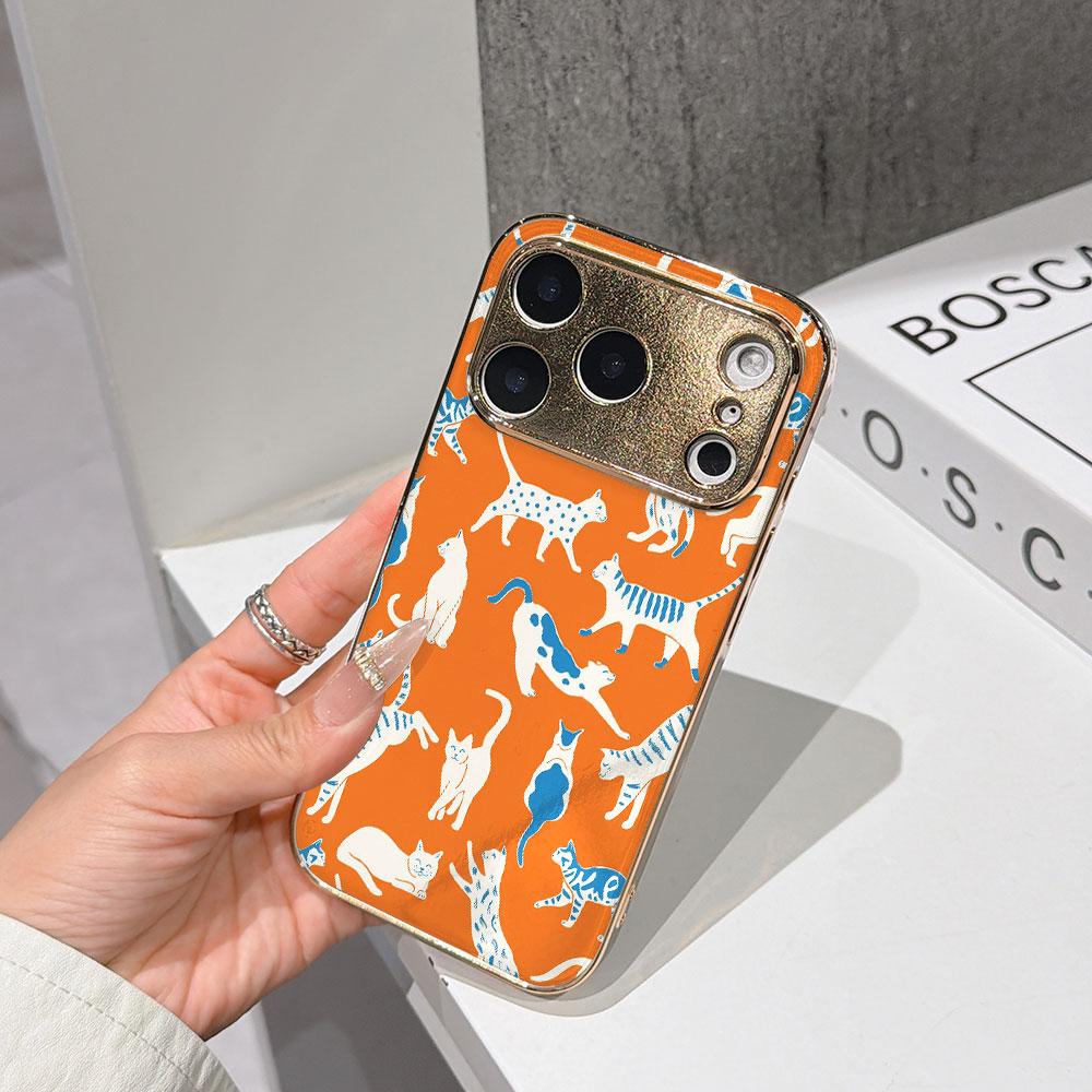 

Lucky Start Phone Case For iPhone 17 16 15 14 13 12 11 Pro Max 16E Gold Electroplated glass shell Orange White Cat Cover IPHONE11PRO