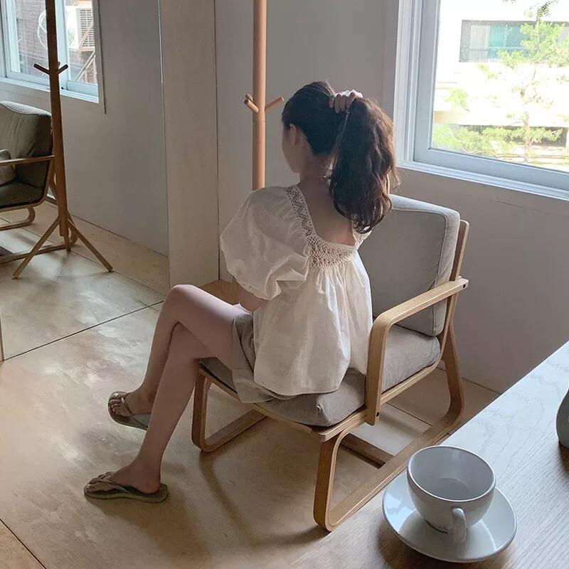 Women's Square Neck Shirt Summer Loose Bubble Sleeve Short Sleeved Top Shirt
