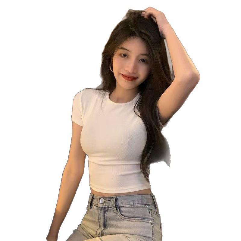 Korean Style Women's Slim Fit Short Sleeve T-shirt - Summer 2026 New Arrival, Solid Color, Trendy Design