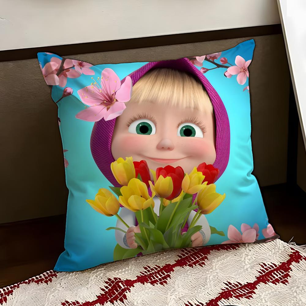 Cute MMasha and the BBear Cushion Cover Reversible Soft Durable Pillow Cover Home  Car MultiScene Use for Daily Comfort