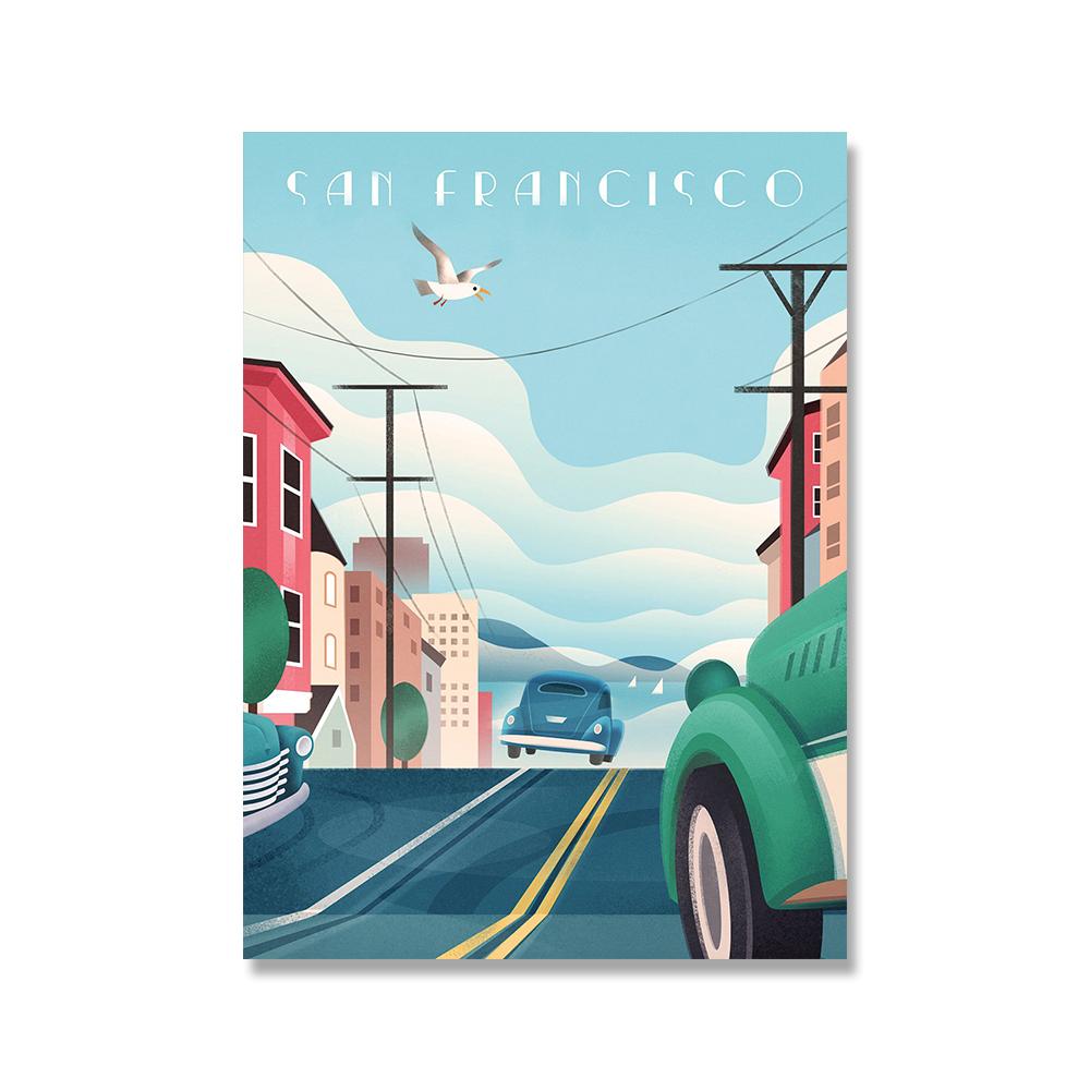 Vintage World Famous Attractions City Posters and Prints Italy Rome Hawaii Canvas Painting Wall Art for Living Room Home Decor (with Frame)