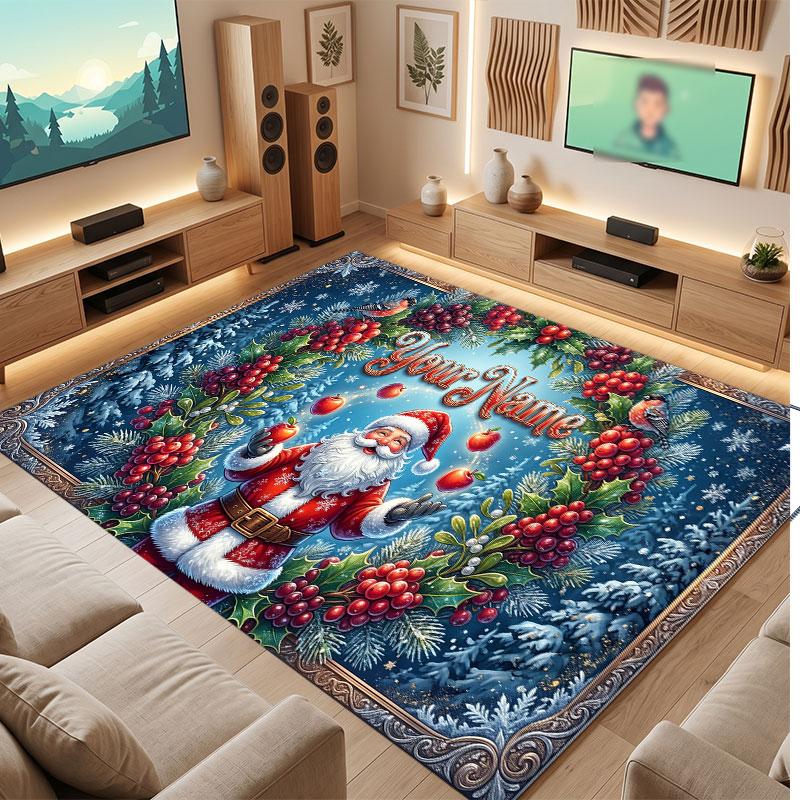 Christmas Winter Theme Crystal Velvet Floor Rug Personalized Custom Name Text Warm Carpet Home Decoration
