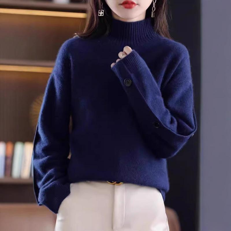 Autumn Winter Half High Collar Loose Casual Solid Color Sweater Women Simple All-match Bottomed Knitting Top