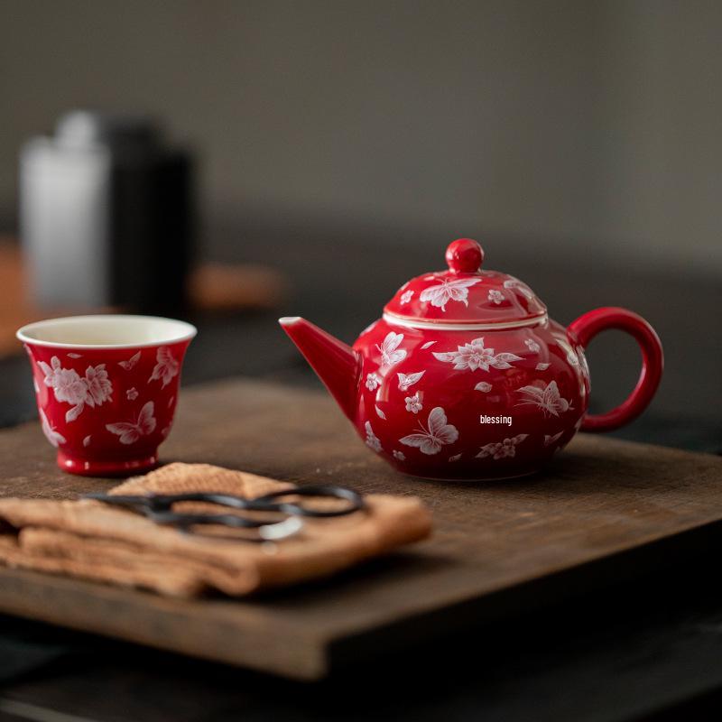 Red Xishi Ceramic Tea Pot - Elegant Chinese Style for Women, Single-Serve, Colored Glaze Design