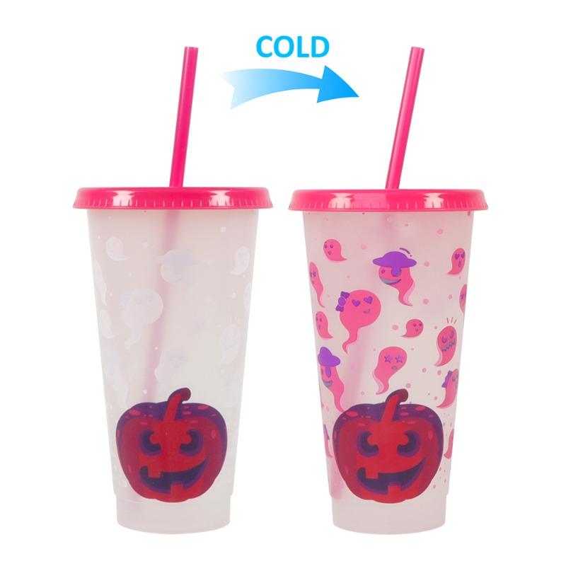 710ml Plastic Straw Cup Halloween Christmas Color Changing Cup with Lid Plastic Cold Bucket Party Drink Cup Iced Drinks Mug