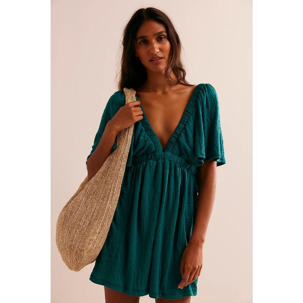 

Летний женский свободный повседневный комбинезон с V-образным вырезом, глубоким вырезом, открытой спиной и короткими рукавами XL малахитовая зелень