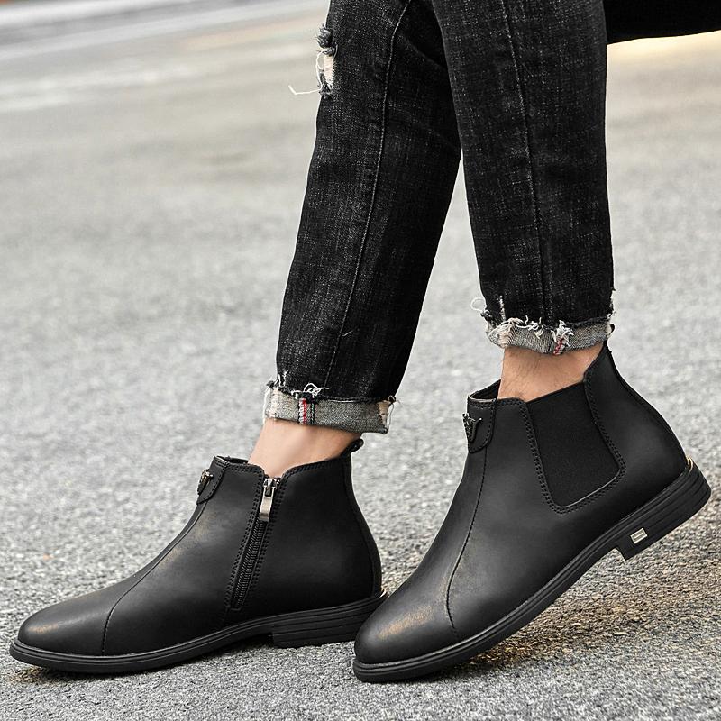 Fashion Winter Plush Warm Men Chelsea Boots Formal Business High Top Shoes British Style Ankle Boots Genuine Leather Male Business Shoes