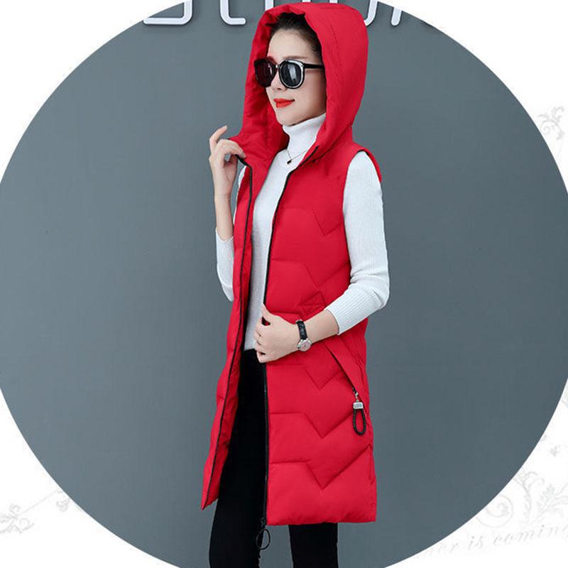 Hooded Cotton Vest Women Warm Medium Long Sleeveless Thickened Solid Color Zipper Jacket Slim Waistcoat Autumn Winter