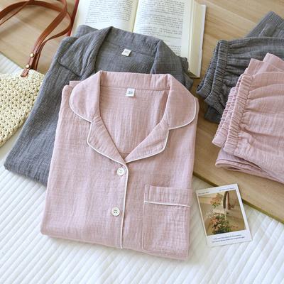 Herren- und Damen-Frühling/Sommer-Plaid-Baumwollgaze-Pyjama-Set - Langarm-Oberteil & Hose