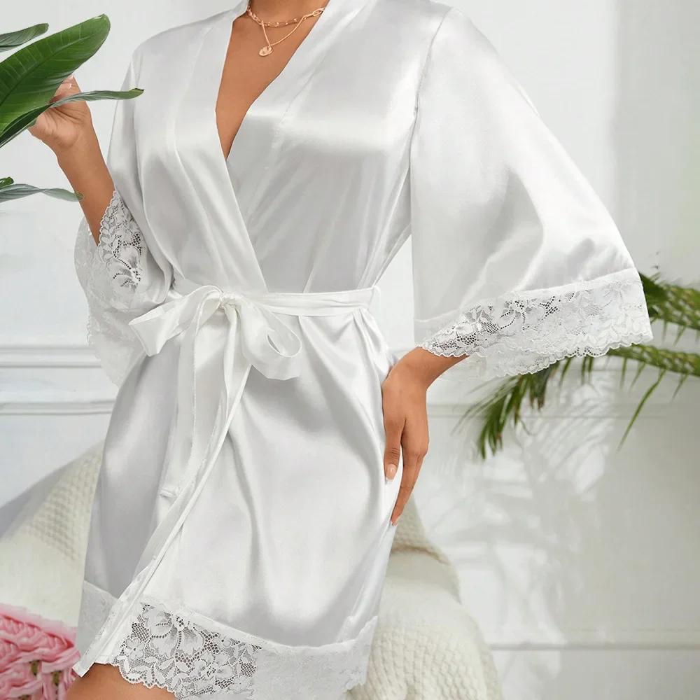 Women's Sexy Lace Bathrobe Pajamas Female Soft and Comfortable Solid Color Sleepwear V-Neck Bathrobe Pajamas