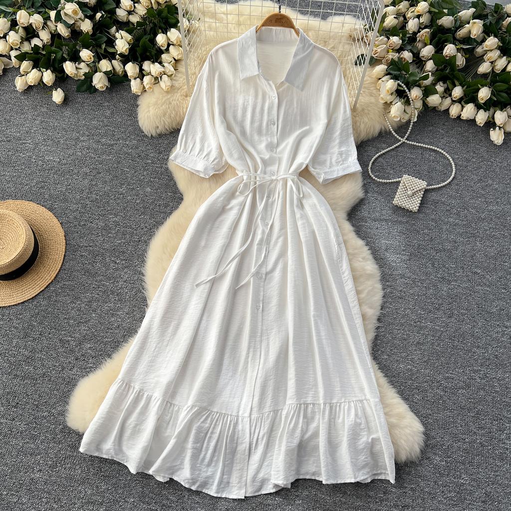 Sexy Chic Polo-Neck Single Breasted Ruffle Dress Elegant Korean Fashion Slim Summer Vintage Sweet Dresses