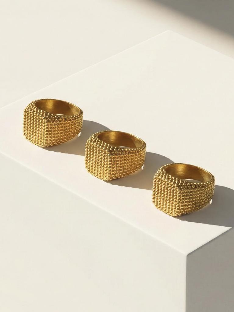 18k Gold-Plated Stainless Steel Square Ring: Trendy, Wide Band with Granular Texture