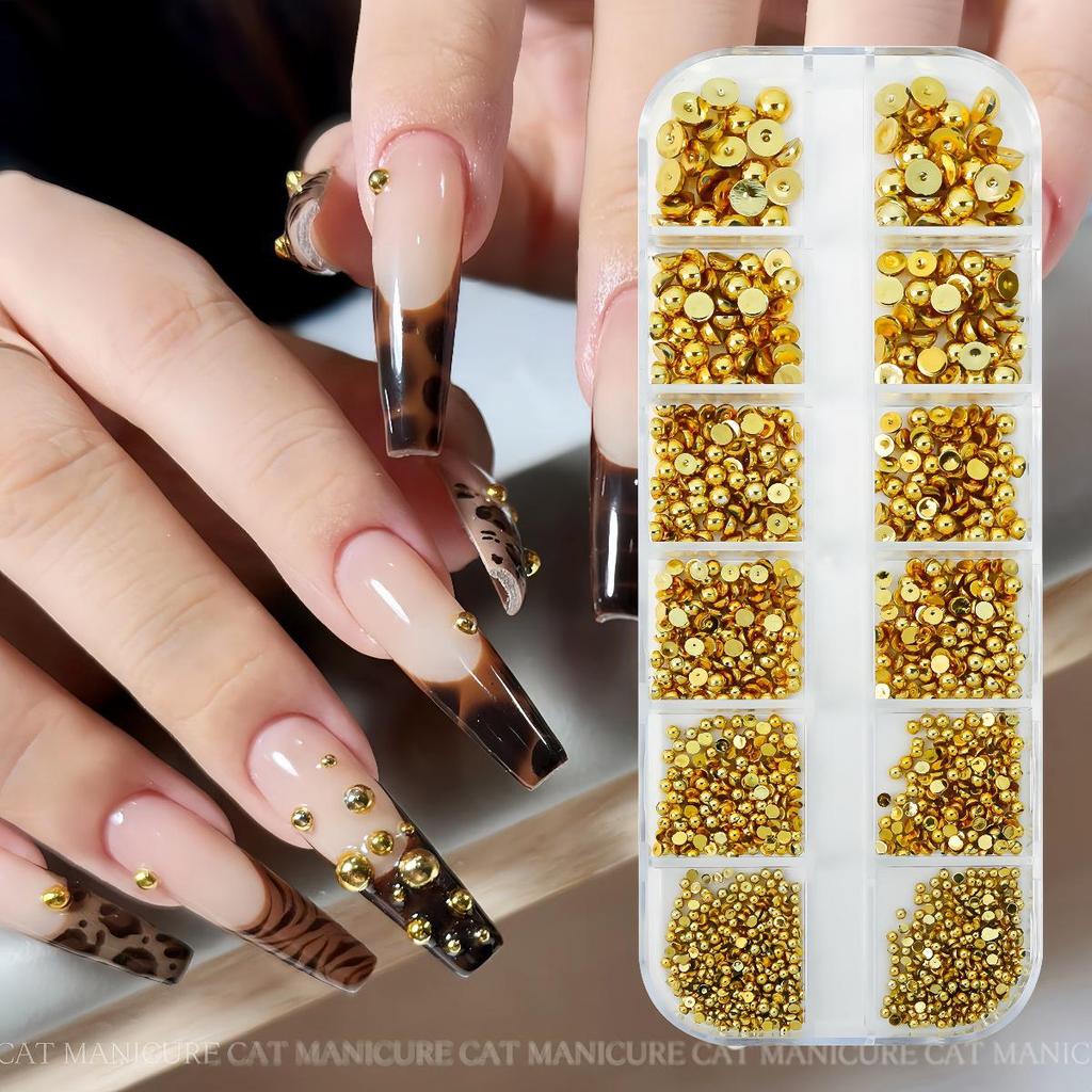 Gold & Silver Half Pearl Nail Art Decorations Set - 12 Mixed Size Grids