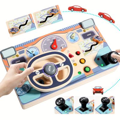 Wooden Busy Board,Sensory Toys with Light Switch,Steering Wheel Busy Board ,Travel Toys for Educational Kid Activities for Boys Girls, Random Color