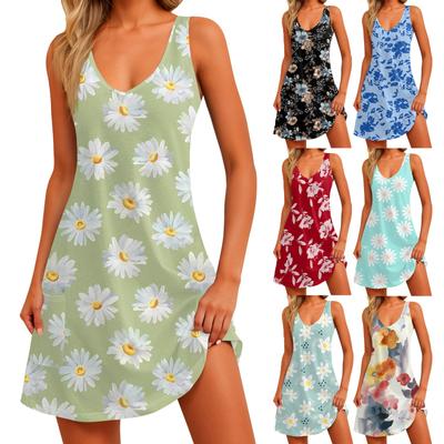 Women's Casual Print Summer Bohemian Beach Dress With Pockets V Neck Tank Dress