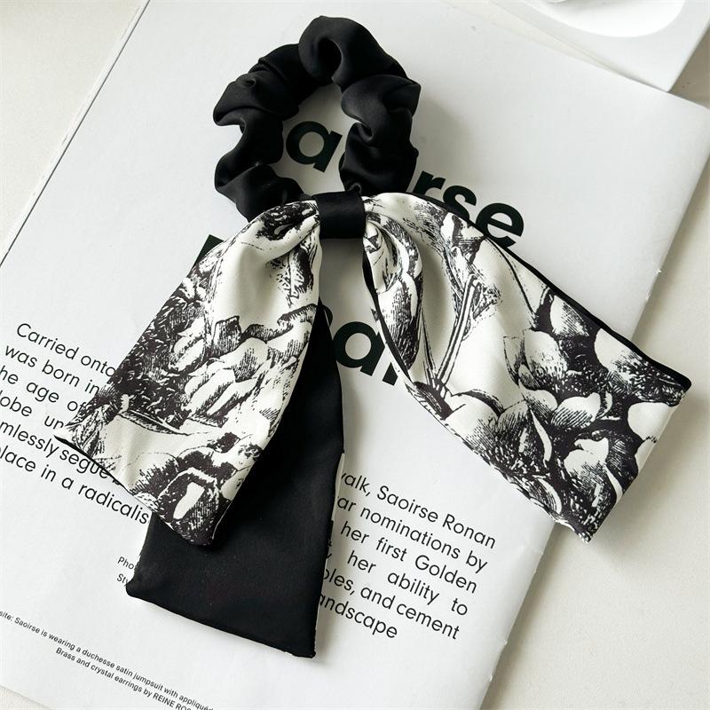 New Chinese Fashion Black White Flower Print Bow Ribbon Hair Ties Rope Rings Women Scrunchies Ponytail Elastic Hair Hairbands