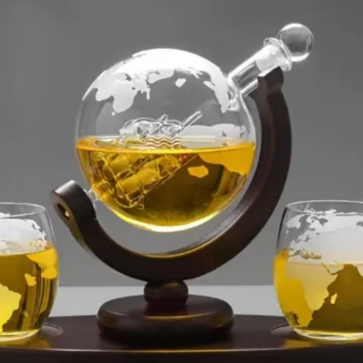 850ml Globe Decanter with Cup and Wooden Stand - Transparent Whiskey Bottle, New Model